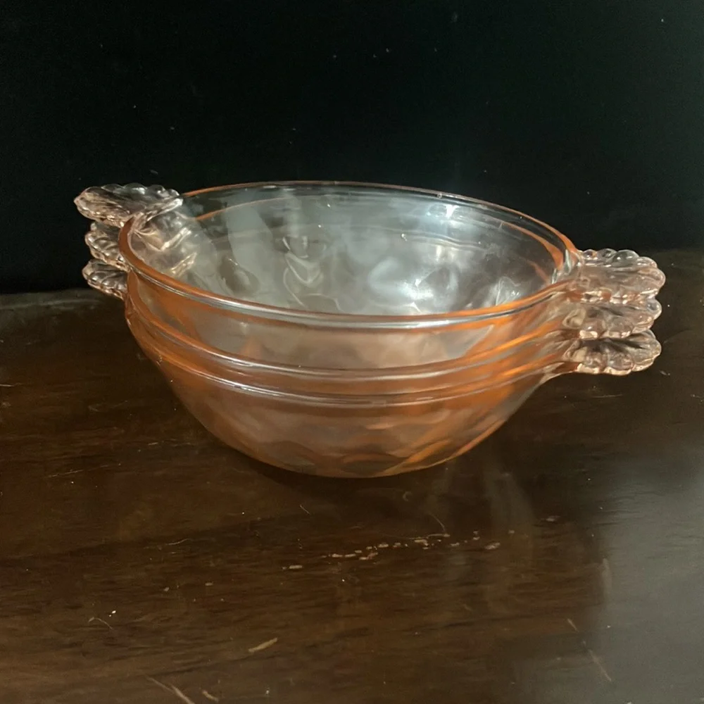 Set of 3 Vintage Thumbprint Pink Depression Glass Berry / Dessert Bowls